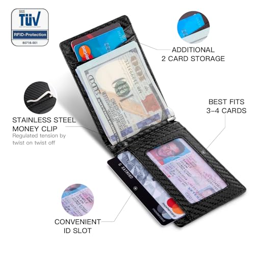 RUNBOX Slim Money Clip Wallets for Men RFID Blocking 8 Card Holder Minimalist Small Thin Carbon Leather Bifold Mens Front Pocket Wallet Gift Box(Carbon Black)3