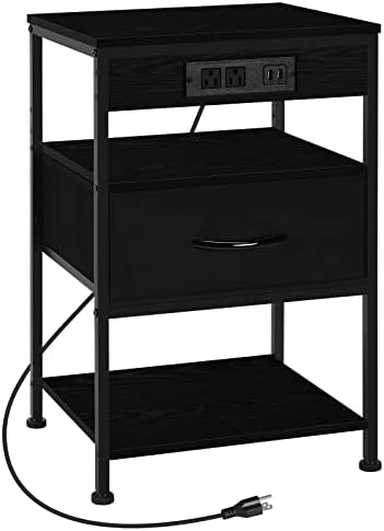 NOVIMANGO Bedside Table Black Nightstand with Charging Station Side Table with USB Ports & AC Outlets Small End Tables with Drawer Charging Night Stand 3 Tier Table for Bedroom Living Room Farmhouse
