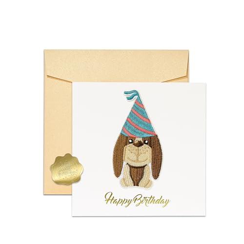 Velvet Vows Birthday Card with Funny Embroidered Hat Puppy – 5.7x5.7 Inch Humorous Greeting Card for Men, Kids, Dog Lovers