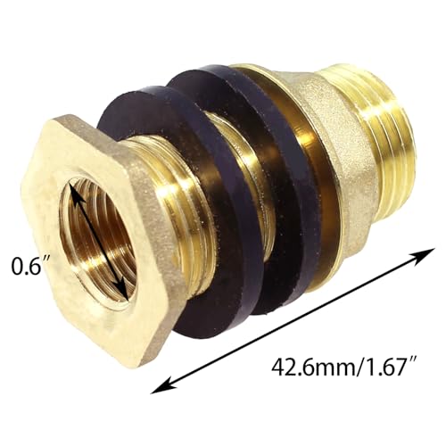 Image of 1 /2 Inch Female 3 /4 Inch Male Solid Brass Tank Connector with Threaded Bulkhead Fitting and Rubber Ring Plumbing Fitting for Water Tank Homemade Water Storage Barrels Pipe