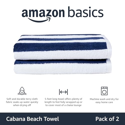 Image of Amazon Basics 100% Cotton Soft & Absorbent Beach Towels, Cabana Stripe, Fast Drying, Machine Washable, Large 30 in x 60 in, Navy Blue, 4-Pack