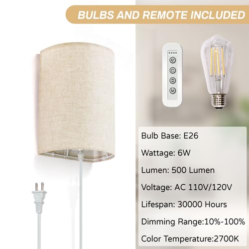 Image of FINCMY Wall Sconce Light Plug in, Dimmable Sconces Wall Decor Set of 2, Stick on Wall Lights for Bedroom Living Room Hallway, Plug in Wall Sconces with Remote, LED Bulbs Included