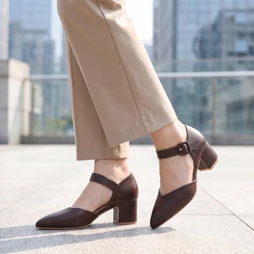 Image of RIBONGZ Comfortable Kitten Heels for Women Pointed Closed Toe Ankle Strap Buckle Heels Slip on Low Heel Church Pumps Wedding Bridal Party Dressy Shoes