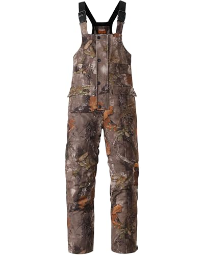 NEW VIEW Insulated Hunting Bibs for Men, Adjustable Suspenders, Silent Fleece-Lined Camo Bib, Water-Resistant Winter Overalls (Leaf Camo, Medium)