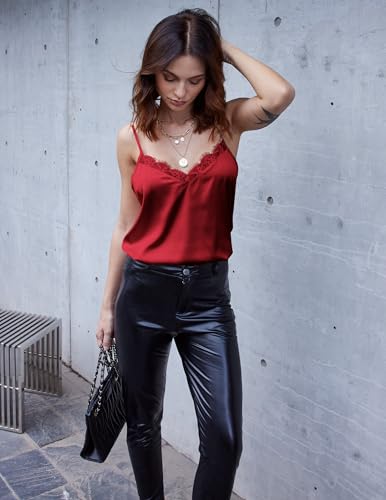 Image of Ekouaer Women's Satin Camisole Lace Silk Satin Pajama Tank Tops V Neck Soft Spaghetti Strap Loose Sleepwear Wine Red XXL