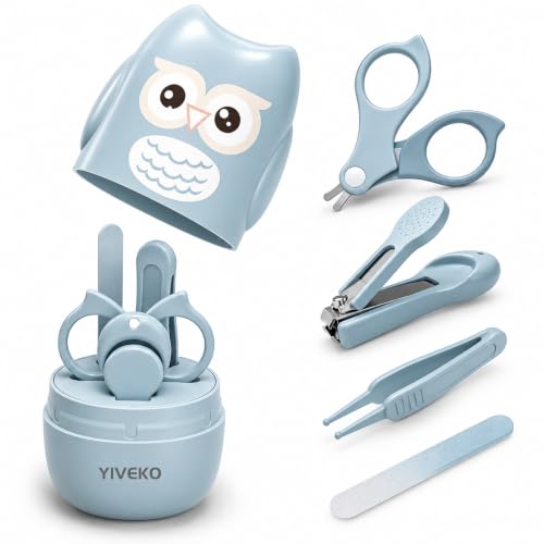 YIVEKO Baby Nail Kit, 4-in-1 Baby Nail Care Set with Cute Case, Baby Nail Clipper, Scissor, Nail File & Tweezer, Baby Manicure Kit and Pedicure kit for Newborn, Infant, Toddler, Kids-Owl Blue