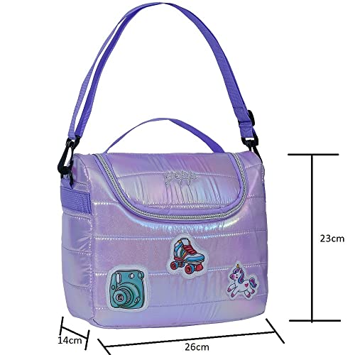 Kit Mochila Meninas Unicórnio Rodinhas Lancheira e Estojo Cor:Lilás