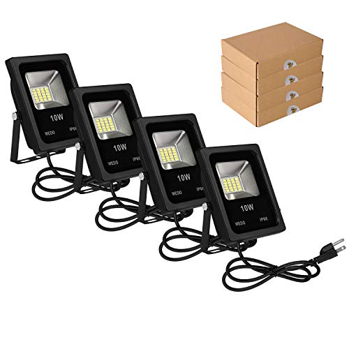WEDO LED Flood Light Reflector 10W Ultra Bright IP66 Home Wall Garden Yard Landscape Flood Lights Outdoor with US Plug Daylight White 6500K, Pack of 4