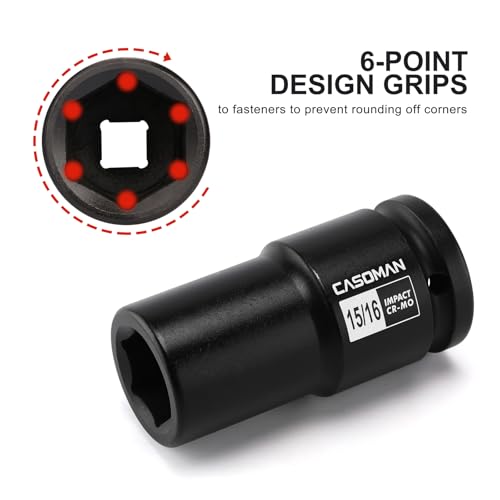 Image of CASOMAN 3 /4 inch Drive Deep 6 PT Impact Socket-15 /16 inch, CR-MO, 3 /4-inch Drive 6 Point Axle Nut Socket for Easy Removal of Axle Shaft Nuts (15 /16 inch)