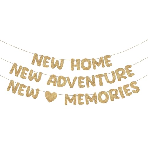 Fulmoon Pre Strung New Home Adventure Memories Banner Glitter Housewarming Party Banner the Beginning of a New Chapter Housewarming Home Party Decorations(Champagne Gold)