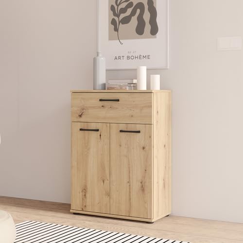 Forte NIKO Kommode 60, Skandi-Kommode, 2-türig, 1 Schublade, Holzwerkstoff, Wohn-/Schlafzimmer, Artisan Eiche Holzdekor, 59,9 cm breit x 81,7 cm hoch x 29,1 cm tief