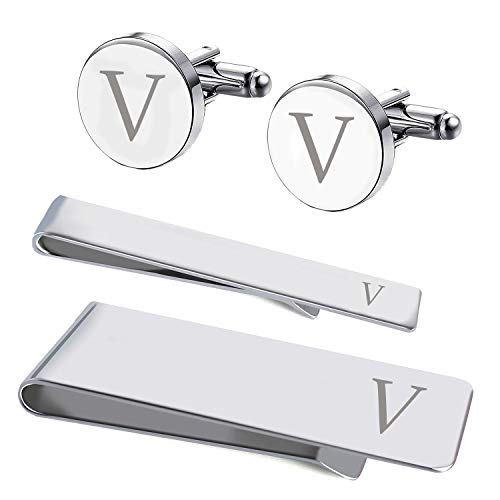 BodyJ4You 4PC Cufflinks Tie Bar Money Clip Button Shirt Personalized Initials Letter V Gift Set