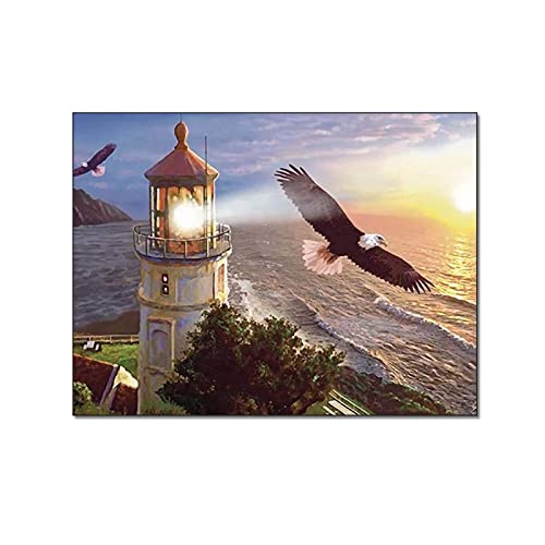 Lighthouse Bald Eagle Wall Art Birds On The Wing Picture Sunset Seascape Wall Art Canvas Painting Posters And Prints Wall Art Pictures For Living Room Bedroom Decor 20X26Inch(51X66Cm) Frame-Style #TOP30