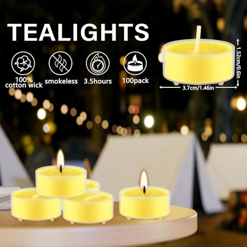 Image of 3.5-Hour 100Pack Yellow Tealight Candles, Outdoor and Indoor Summer Scented Candle,Natural Soy Wax Candle for Home Patio Garden Yard Balcony,BBQ Birthday Emergency
