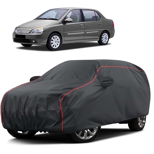 Image of Sulfar 100% Water Resistant Car Body Cover Compatible with Mirror for Tata Indigo XL (Triple Stitched, Full Bottom Elastic, Dark Grey Taffeta with Red Piping)