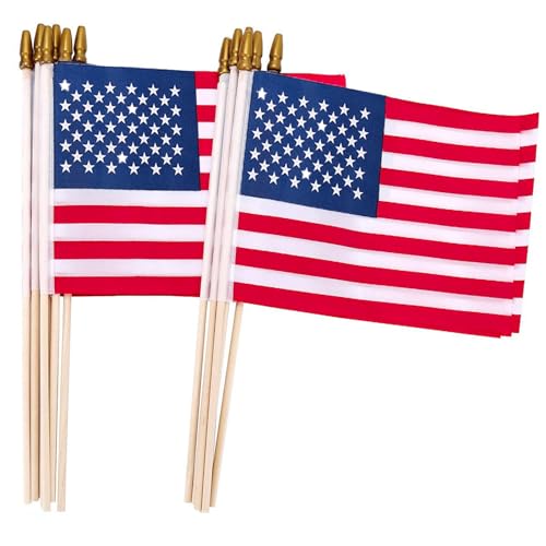 12 Pcs 8x12 Inch Small American Flags on Sticks US Handheld WoodenStick flag with Kid-Safe Spear Top 250 Anniversary Usa flag Patriotic Decorations for Parades Memorial Day Independence Day Decorations
