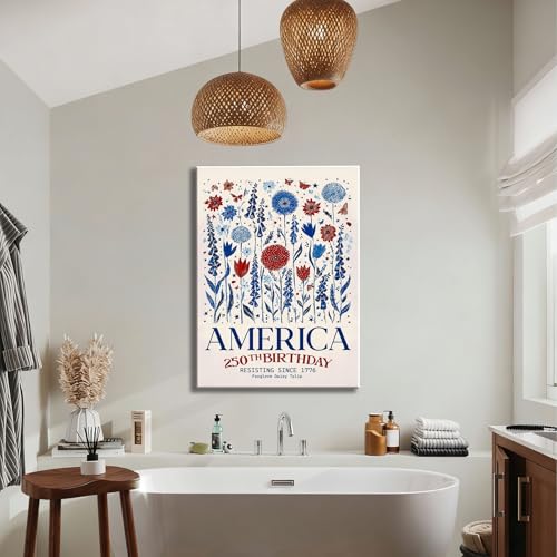 Image of RIBNTAK Vintage Patriotic America 250th Birthday Wall Decor, 1776 Floral Canvas Prints, 4th of July Wildflower Art, Red White Blue Pictures for Kitchen, Office, Rustic Home, Made in USA