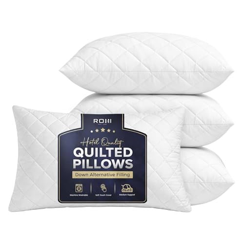 Rohi Luxury Microfibre Quilted Bed Pillows 4 Pack | Down Alternative Hotel Quality Pillows | Anti-Allergy & Breathable | 45 × 66 cm