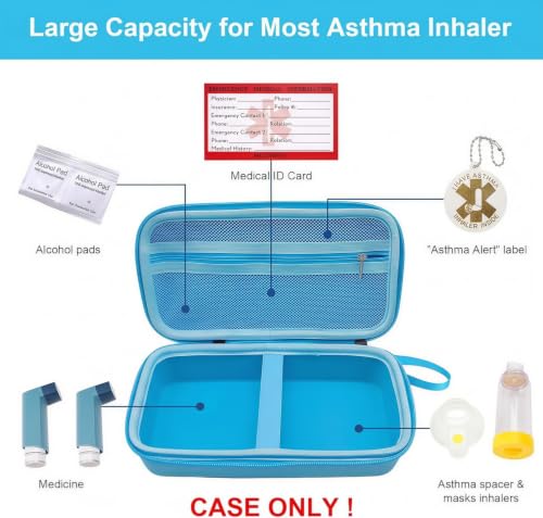 Image of MGZNMTY Travel Carrying Case Compatible with Asthma Inhaler Spacer for Adults and Children, Masks, Inhaler Holder with Asthma Alert Tag and Medical Card, Carabiner (Only Case) (Sky Blue)