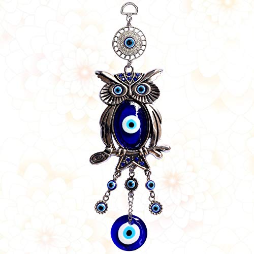 Enfeite com pingente de enfeite de parede de coruja de vidro azul turco, enfeite para pendurar na pa