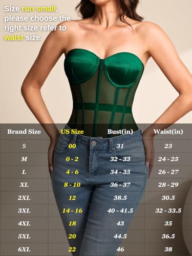 Image of Kaei&Shi Sheer Mesh Overbust Corset,Sexy Strapless Lace Up Satin Bra Corsets Top For Women Shapewear