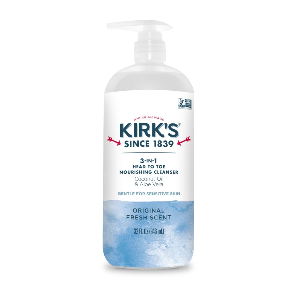 Kirk's 3-in-1 Head to Toe Nourishing Liquid Cleanser- for Men, Women & Children - Premium Coconut Oil & Aloe Vera- Non GMO & Vegan -Original Fresh Scent - 32 Fl Oz