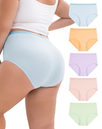 INNERSY Damen Unterhosen Baumwolle Übergröße Damenschlüpfer Große Größen Bunt Taillenslips 5 Pack (52-54 Macaron Farben)