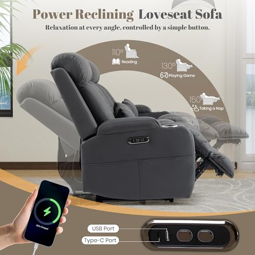 Image of Zero Wall Hugger Power Reclining Sofa Set with Adjustable Headrest, Electric Reclining Couch with Drop-Down Table,Outlets, Power Loveseat Recliner Sofa for Living Room (Gray, Sofa+Loveseat)