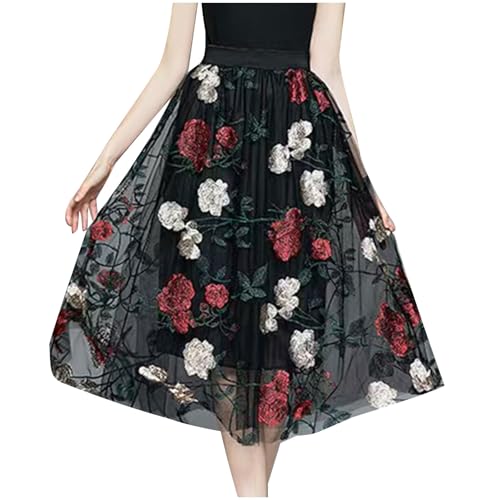 Women Vintage Floral Embroidered Tulle Midi Skirt Retro 50s Party Elastic High Waist Pleated A-line Swing Mesh Skirts