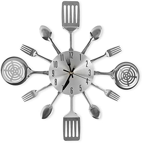 CIGERA 16 Inch Large Kitchen Wall Clocks with Spoons and Forks,Great Home Decor and Nice Gifts,Sliver