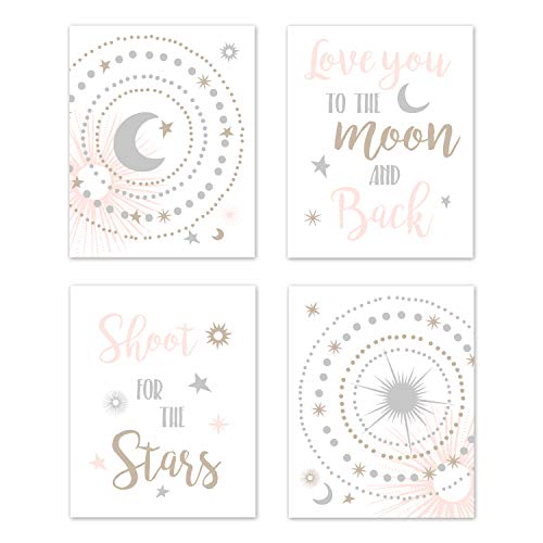 Impressions murales étoiles et lune pour une chambre de bébé rose et grise unique