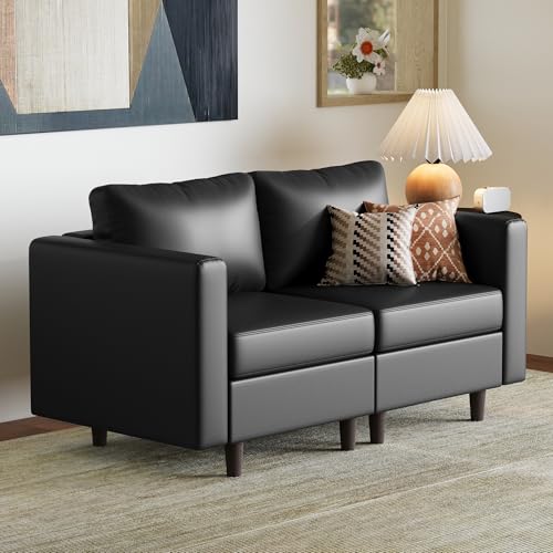 Image of Modular Sectional Loveseat Sofa Couch with Storage Seats, 2 Seat Faux Leather Convertible Modular Sofa Love Seats for Small Spaces, Black