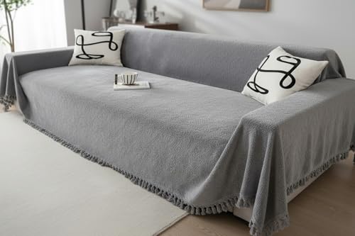 Image of The Furnishing Tree Reversible Double Sided Chenille Throw Sofa Cover, Anti-Slip Couch Cover, Comfy Sofa Towel for All Seasons, 3 Seater, Subtle Textured Woven Finish Solid Grey