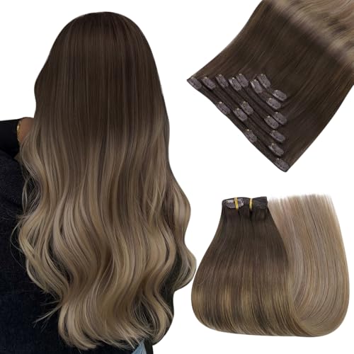 Image of Easyouth Clip in Hair Extensions Human Hair Brown Balayage Clip in Human Hair Extensions Dark Brown Fading to Chestnut Brown and Ash Blonde Hair Extension Clips ins 20 In 7Pcs 120G