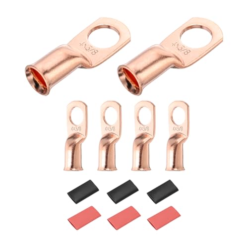 DMiotech 6 Pcs 4 AWG - 3/8 Copper Cable Lugs, Battery Cable Ends, Heavy Duty Copper Wire Lugs with 6pcs Heat Shrink Tubing for Electrical Projects, Copper
