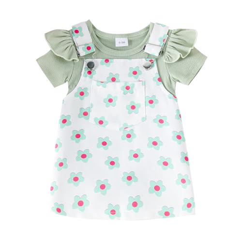 JENJON Conjunto Falda para Bebé Niñas Manga Corta Cuello Redondo Top+ Lazo Bordado/Floral Vestido con Tirantes 2 Piezas Ropa Traje de Verano Estampado floral verde 18 24 Meses