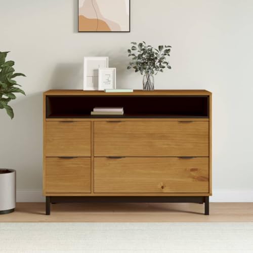 Armario con cajones FLAM de madera maciza de pino en aspecto de roble, 110 x 40 x 80 cm, con 4 cajones, 1 compartimento abierto, espacio de almacenamiento y estante para salón, dormitorio, pasillo