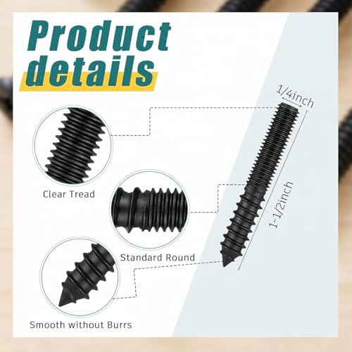 Image of Hicarer 50 Pack 1 /4-20 x 1-1 /2 Inch Hanger Bolts Double Headed Bolts with Driver Self Tapping Screw Threaded Rod Screws for Furniture Double Headed for Wood Furniture Joint, Black