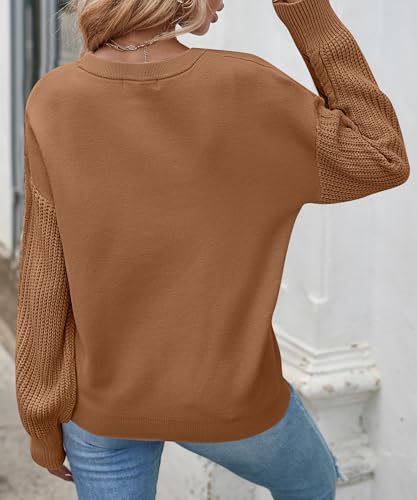 Zesica Women'S 2024 Fall Long Sleeve Crew Neck Solid Color Cable Knit Chunky Casual Oversized Pullover Sweater Tops,Camel,Large thumb #2