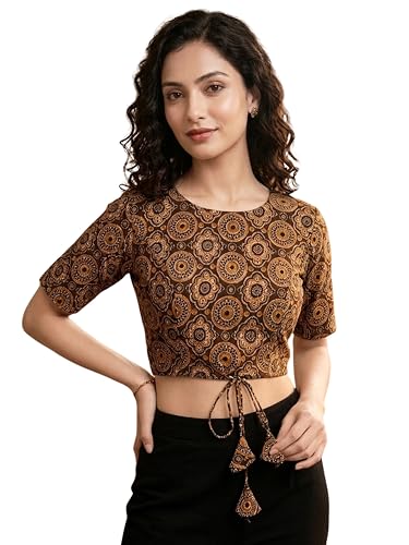 Image of Yash Gallery Women's Cotton Printed Blouse Round Neck Half Sleeve Crop Top Mandala Geometric Print Front Dori with Tassels Side Bobbin Elastic Stretch Fit Ethnic & Casual Wear