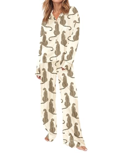Image of SHESHOW Satin Pajamas Set for Women Set Long Sleeve Button Down Pjs Sets 2 Piece Loungewear Animal Sleepwear XS-XXL