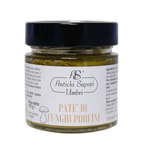 Antichi Sapori Umbri - Paté de Champiñones Porcini 70% en Aceite de Oliva Virgen Extra EVO, Producto Artesanal Italiano 180 g, Ideal para Bruschettas, Platos Principales y Condimentos de Carne