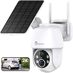 2K Caméra de sécurité solaire sans fil en plein air, 360˚ PTZ WiFi Caméra, Pas de frais mensuels, vision nocturne couleur, PIR/AI Détection des mouvements, 2-Way Audio, IP66,Alexa/Google Assistant, SD Stockage carte/cloud