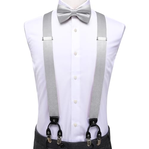 Image of Dubulle Suspender and Bow Tie for Men Paisley Solid Mens Suit Braces Pretied Bowtie and Handkerchief Cufflinks Formal Wedding