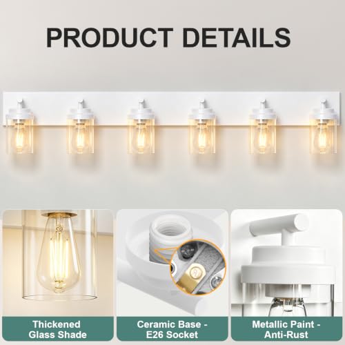 Image of IZORRO Bathroom Light Fixture White, Clear Glass Shade 46-Inch 6-Light