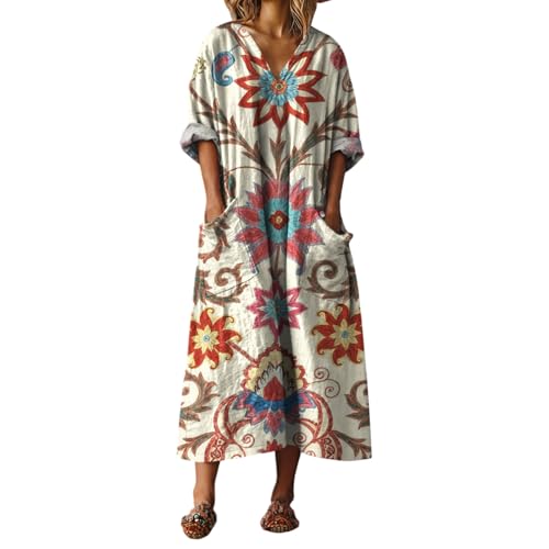 Vestido Maxi Bohemio Mujer Estilo Retro de Lino y Algodón Cuello en V Manga Larga Vestido Largo Estampado Étnico Floral con Bolsillos para Playa Fiesta Casual Elegante Suave 2026