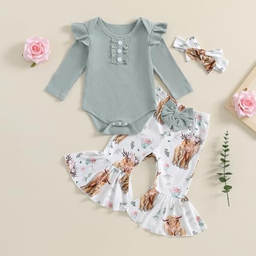 Baby Girl Clothes Newborn Infant Outfits Ruffle Romper Floral Bell Bottoms Pants Headband Sets Ribbed Knit Clothing2