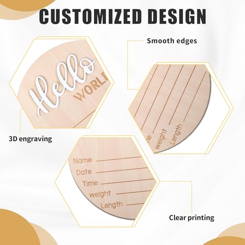 Image of Wooden Baby Announcement Sign, 5.9 Inch Hello World Newborn Sign, Hospital Birth Stat Plaque, Hospitals, Homes, Nurseries, Suitable for Newborn Boys and Girls, Birth Souvenir (White)