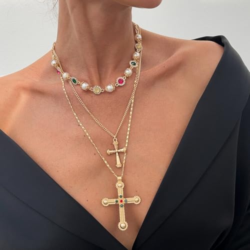 Cross Pendant Necklace Set For Women Gold/Silver Chunky Cross Necklaces Set Layered Pearl Colorful Beads Cross Pendant Necklace Fashion Y2k Jewelry For Women3