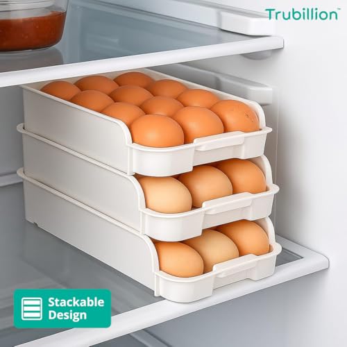 Image of EggDeck Stackable Egg Tray Set of 3,45 Egg Storage,15 Slots Per Tray,Space-Saving Organizer for Fridge,White Matte Finish,Tabletop & Cabinet,BPA-Free,Durable,Detachable,Freezer Safe (White)